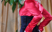 Lacy Nylons 494087 Gertrude Super Sexy Office Babe Exposing Hot Red Lingerie And Black Seamed Stockings Lacy Nylons
