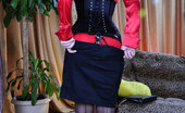 Lacy Nylons 494087 Gertrude Super Sexy Office Babe Exposing Hot Red Lingerie And Black Seamed Stockings Lacy Nylons
