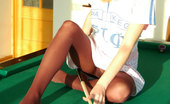 ePantyhose Land 560500 Paulina Blonde Teaser Mounting A Billiard Table In Her Soft Dark Brown Pantyhose ePantyhose Land
