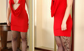 ePantyhose Land 560537 Jaclyn Fiery Girl Wears Her Red Dress With Sparkling Fishnets And Patterned Hose ePantyhose Land
