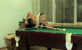 ePantyhose Land 563215 Trudy Blonde Stunner Plays Pool In Black Control Top Hose And Golden Legwarmers ePantyhose Land
