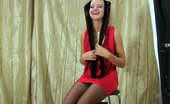 ePantyhose Land 563253 Trudy Smashing Blonde Vixen In A Red Dress And Patterned Sheer-To-Waist Pantyhose ePantyhose Land
