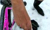 Nylon Feet Line 563703 Dinah Frisky Chick Going On A Cycle Ride Right In Her Silky Pantyhose In Winter Nylon Feet Line
