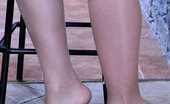 Nylon Feet Line 564081 April Playful Brunette Shows Her Nyloned Feet In And Out Of Blue Strappy Sandals Nylon Feet Line
