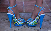 Nylon Feet Line 564081 April Playful Brunette Shows Her Nyloned Feet In And Out Of Blue Strappy Sandals Nylon Feet Line
