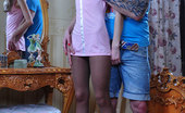 Pantyhose Line 565630 Gina Slim-Legged Doll Straddling A Tattooed Stud In Her Tan Sheer-To-Waist Hose Pantyhose Line

